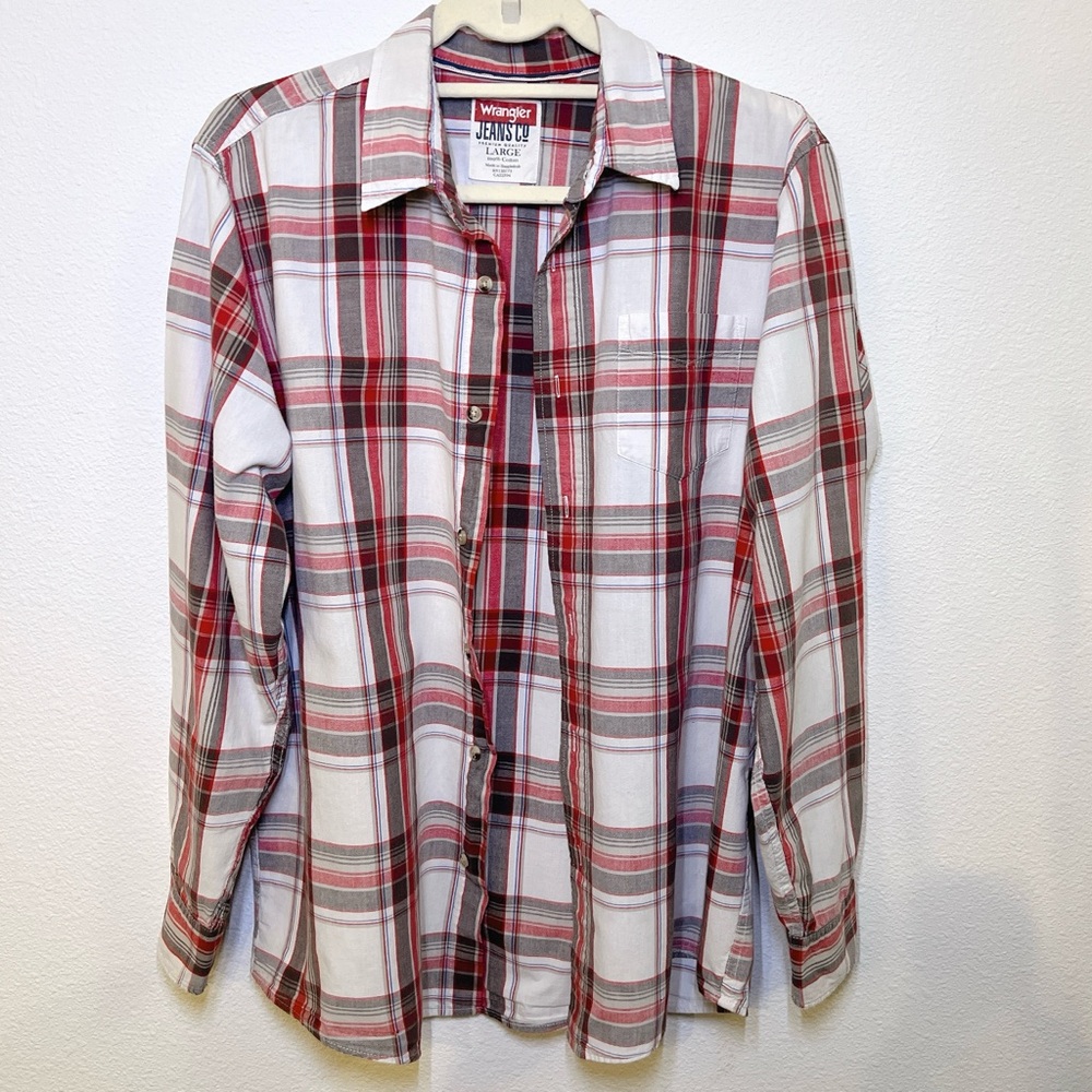 WRANGLER•Long-Sleeve Button-Down, Red/White Plaid, 100% Cotton Flannel, LRG